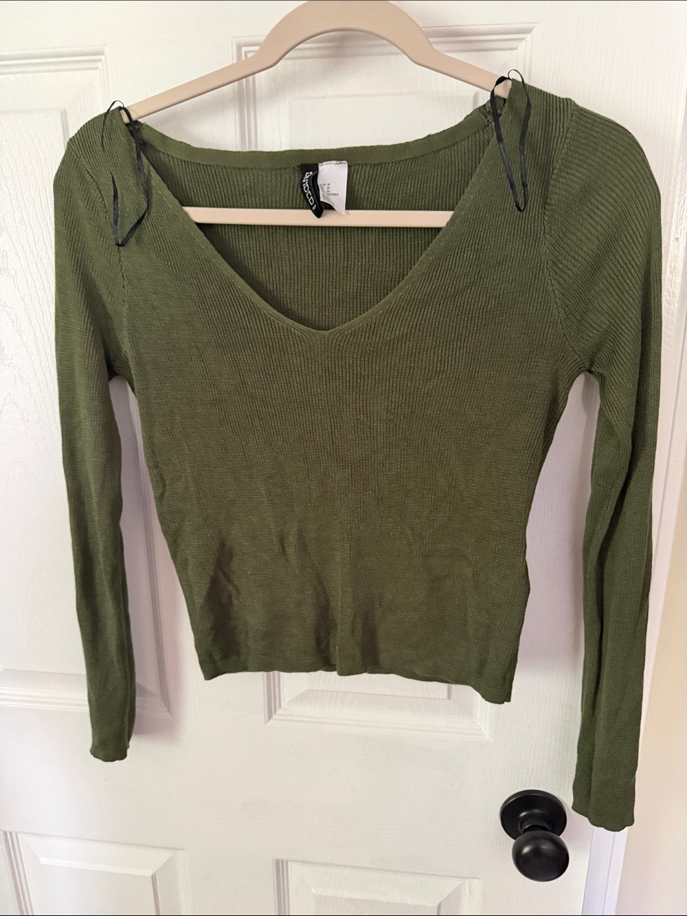 Olive Green V-Neck Ribbed Long-Sleeve Top